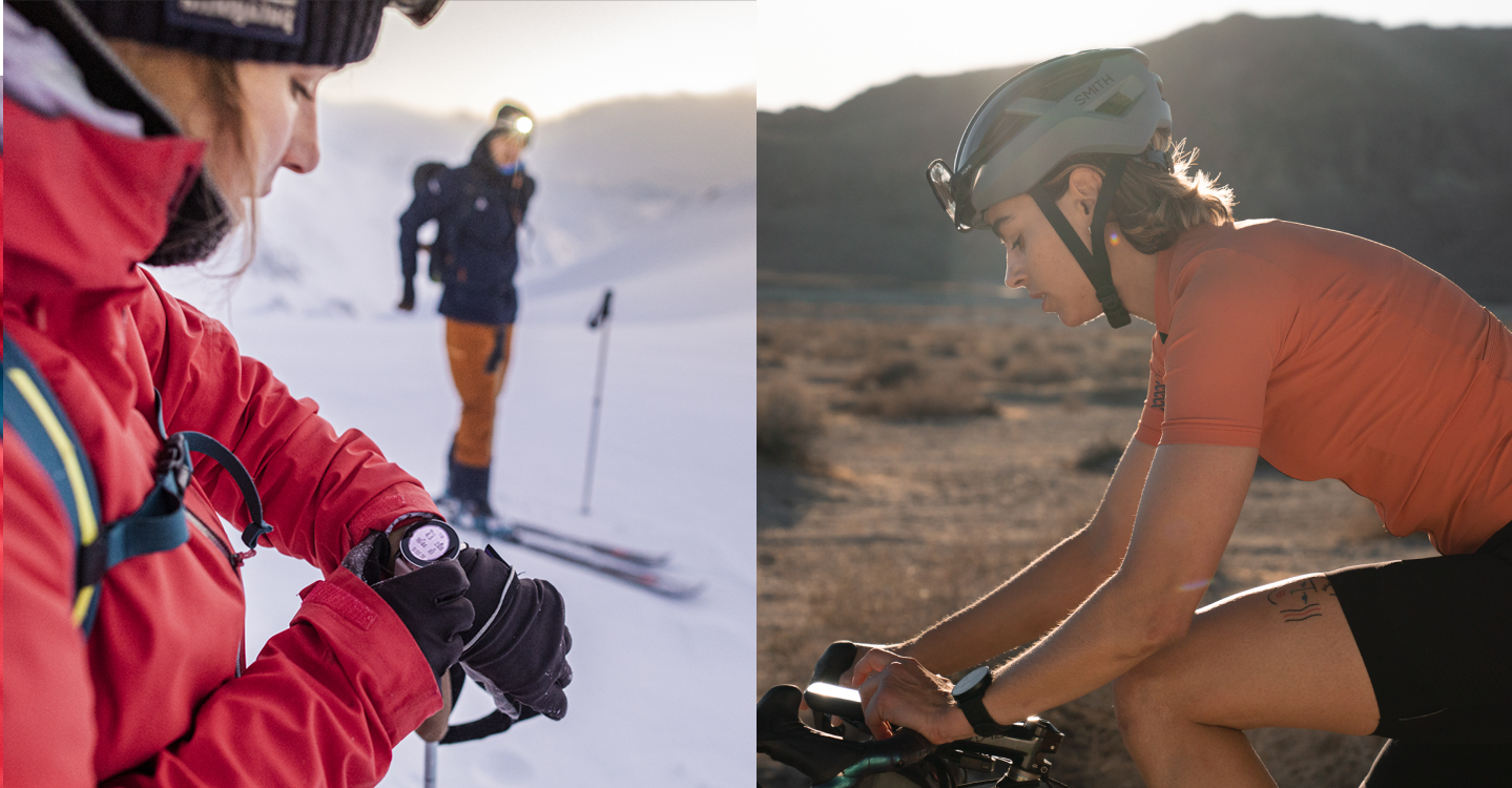 Two Female athletes in backcountry skiing, athlete red jacket reviewing data on Suunto watch; Female cyclist riding gravel bike profile close up as reviewing data on Hammerhead Karoo 2