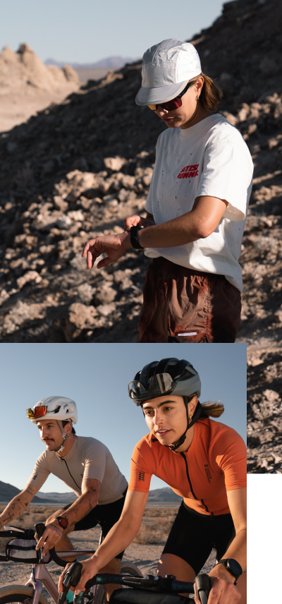 Female runner reviewing data on Suunto watch in desert; Male and Female closeup riding gravel bikes 